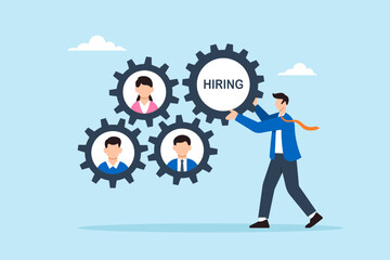 Poster - Flat illustration of human resource manager assembling hiring gear with candidate profile cogs to represent teamwork and process integration in business recruitment