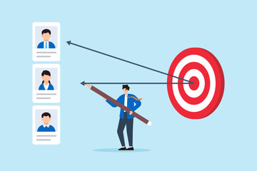 Poster - Flat illustration of human resource manager aiming arrows from candidate profiles toward target board to represent job interview selection and recruitment focus