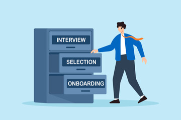 Poster - Flat illustration of human resource manager opening filing cabinet drawers labeled interview selection and onboarding to organize recruitment process