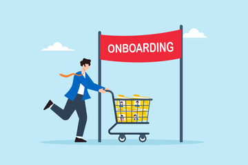 Poster - Flat illustration of human resource manager pushing trolley full of candidate files toward onboarding finish line in recruitment process