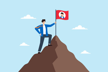 Poster - Flat illustration of human resource manager planting final candidate flag on mountain peak to symbolize successful hiring after interview evaluation