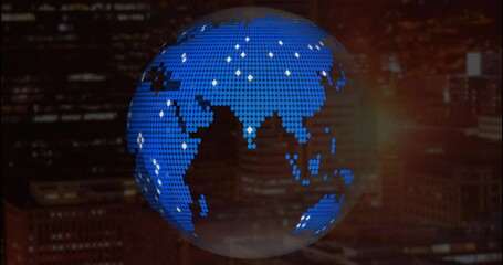 Poster - Pixel-dot globe rotating above blurred city skyline, showing streaming code lines with digital glow