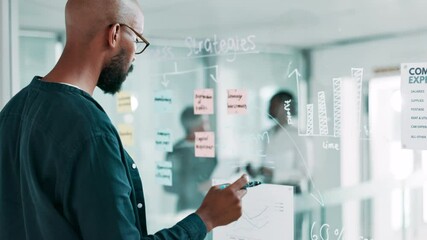 Poster - Business, glass wall and man in workplace, planning and brainstorming for profit growth. African person, financial advisor and employee with sticky notes, decision and calendar with ideas and choice