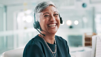 Aufkleber - Call center, mature woman and face with headset for consultant, smile and support with advisory. Office, female person and business agent in portrait for customer service, crm help and confidence