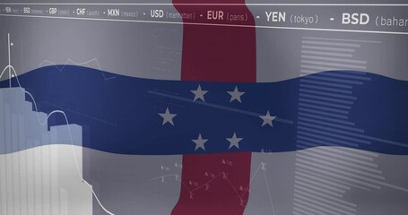 Poster - Stylized red column crossing wavy blue stripe bearing 7 white stars overlaying moving line graphs