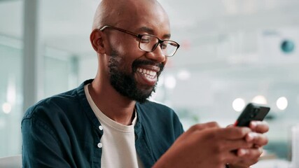 Poster - Office, smile and black man with smartphone for chat, article question and writer for online contact. Workplace, male person and journalist with cellphone for business source, news update and message