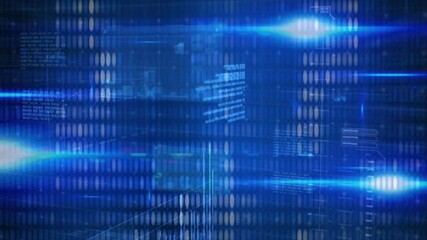 Poster - 3D render data interface showcasing vertical oval grids flowing with horizontal blue light streaks