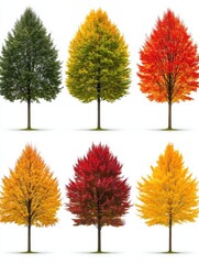 Wall Mural - Six trees displaying seasonal color changes in a row on a white background studio shot concept of autumn foliage