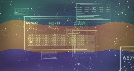 Poster - Central glowing data interface panel displaying grid of icons and charts on wavy color bands