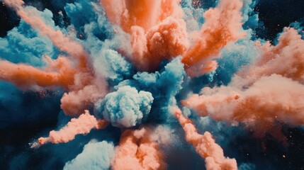 Poster - Abstract powder explosion of orange and blue hues from below studio shot for creative projects and design elements with dynamic movement