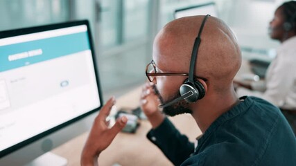 Poster - Advice, man and computer screen with microphone in call center for account management, inquiry and assistance. Back, agent and consulting client for technical support, product information and above