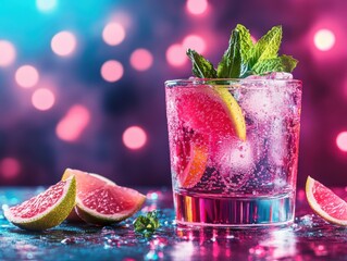 Poster - Refreshing grapefruit cocktail with mint garnish and ice cubes against a vibrant bokeh background close up studio shot