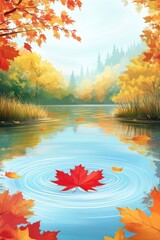 Wall Mural - Autumn Maple Leaf Floating on Lake Water Surface with Forest Trees Background Calm Serene Scenery Nature Landscape Scenic View