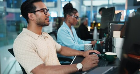 Aufkleber - Computer, glasses and reading with programmer man at desk in office as graphic designer for software development. Business, coding and web design with developer or engineer at work for virtual update