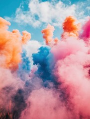 Aufkleber - Colorful Smoke Bombs Exploding Against a Bright Blue Sky with White Clouds Low Angle Shot Outdoors