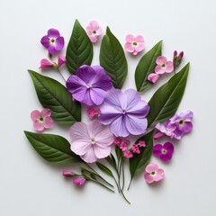 Poster - Floral flat lay featuring purple and pink flowers with green leaves on white background studio shot