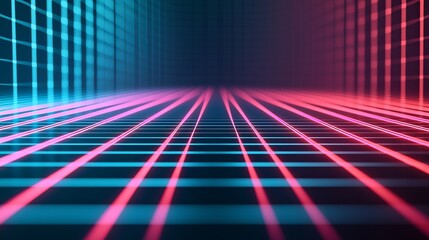 Poster - Tilted Neon Grid Lines in Cyan and Coral Pink on Dark Background