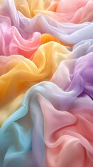 Poster - Pastel Fabric Waves Close Up Abstract Soft Textile Background Gentle Flowing Material in Pink Yellow Blue and Purple Tones Delicate Sheer Texture