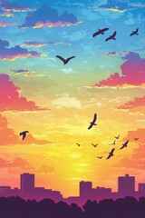 Wall Mural - Birds Flying Over City at Sunset Pixel Art Style Colorful Sky and Clouds Silhouette View
