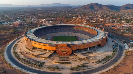 Poster - Aerial panorama of mega stadium casting long architectural shadows at dusk, no fans