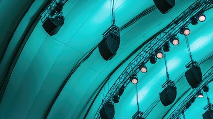 Poster - Architectural view of curved rooflines and lighting rig above empty stands in stadium