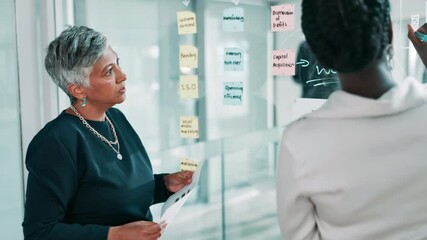 Poster - Business people, glass wall and brainstorming in office, planning or meeting for problem solving. Employees, corporate report or thinking in workplace, discussion or sticky notes with ideas or choice