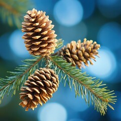 Wall Mural - Close up of pine cones on a branch with bokeh background in winter holiday style macro shot of nature