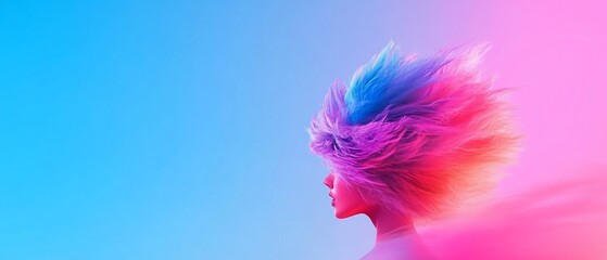 Poster - Abstract profile with colorful hair, glowing. Vibrant colors and dreamy aesthetic. Neon, ombre background