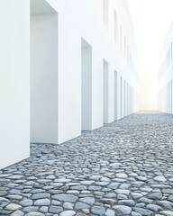 Poster - Cobblestone path between white buildings perspective view architecture design concept minimalist style urban scene