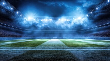 Poster - Dramatic overhead lights shining down on a glossy concert stage at center field in a stadium