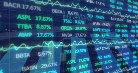 Poster - Stock symbols streaming on blue gridlines, tracing fluctuating line graphs in flat design