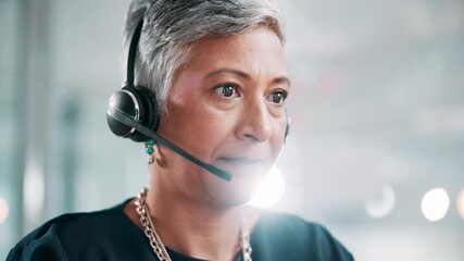 Poster - Call center, chat and mature woman with headset for customer service, help and multilingual support agent. Happy consultant, face and talk for assistance with faq, solution or language translation
