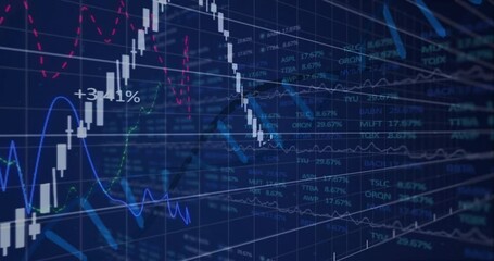 Poster - White candlestick chart pattern floating on blue trading dashboard showing colored trend lines