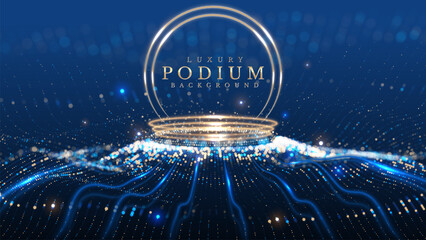Wall Mural - empty podium with golden neon lights on blue background with glowing micro particles effect with bok