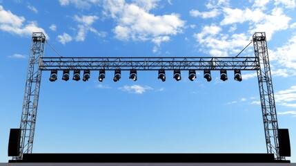 Poster - Technical view of lighting rigs and audio towers framing a stadium concert platform