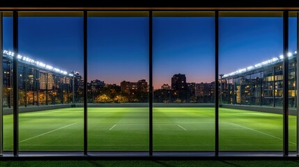 Poster - Twilight scene showing soft reflections on stadium glass walls and illuminated framework