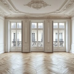 Poster - Empty Parisian Apartment Interior with Ornate Ceiling and Herringbone Wood Floor Elegant Architectural Details and Natural Light from Windows