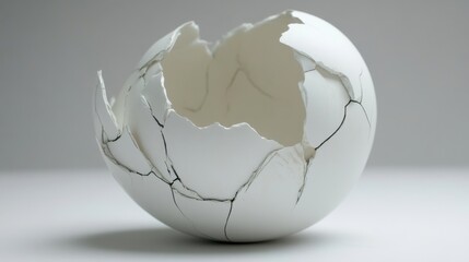 Poster - Abstract Still Life of Shattered Eggshell on White Surface Studio Shot Close Up Minimalist Style