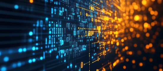 Poster - abstract representation of digital data flow with glowing binary code elements and circuit-like pathways, evoking concepts of connectivity and information transfer