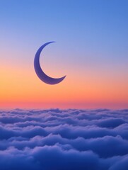 Poster - Crescent Moon Above Clouds at Sunset Dreamy Celestial Scene Aerial View Serene Sky Orange and Blue Gradient Color Palette