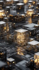 Poster - Intricate Golden Structures: A futuristic cityscape of interconnected geometries