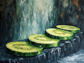 Poster - Oil Painting of Cucumber Slices on Stone Steps with Waterfall Backdrop Still Life Close Up Artistic Expression
