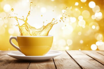 Poster - Tea cup splash on wooden table with bokeh background; beverage in motion, close-up studio shot, golden liquid spilling, refreshment concept