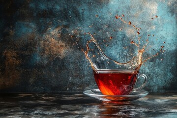 Poster - Splashing Tea in Clear Glass Cup on Dark Textured Background High Angle Still Life Beverage Refreshment