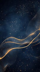 Poster - Elegant abstract background with golden flowing lines and sparkling particles on deep blue backdrop studio shot