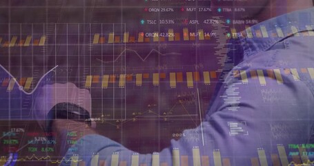 Poster - Two colleagues analyzing financial charts on data screen, checking smartwatch and tracking graphs