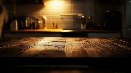 Poster - Rustic wooden table in warm kitchen setting with blurred background and soft lighting for product display from low angle