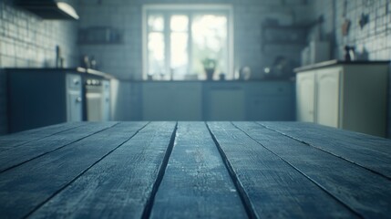 Poster - Rustic wooden table foreground in a bright kitchen interior with blurred background food preparation space