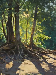 Wall Mural - Forest trees roots sunlight painting style nature scene landscape art oil on canvas sunlit woods parkland scene