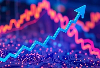 Poster - Abstract blue upward trending graph with circuit board and financial charts, modern, background